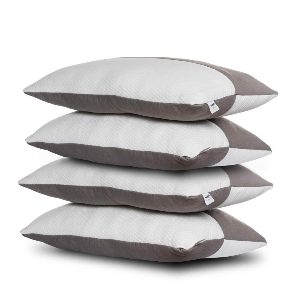 Adjustable Hollow Fiber Sleeping Pillow With Zip, White & Grey, Standard Size, Set Of 4 | Microfiber, Bed Pillow, Fluffy & Medium Firm, For Back, Side & Stomach Sleepers