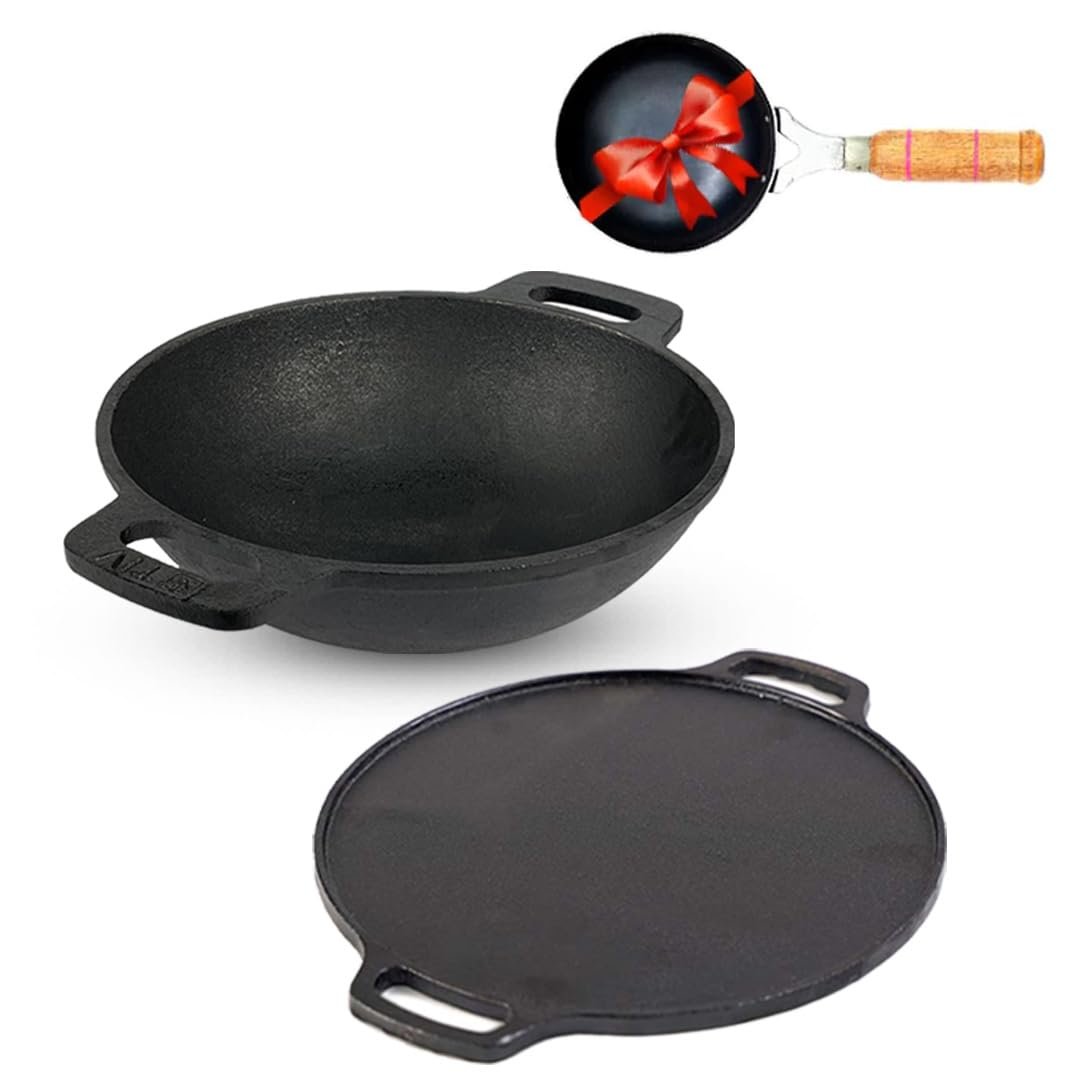 Pre-Seasoned Black Cast Iron Cookware Set + Free Iron Tadka Pan - Tawa 30.5cm + Kadai 25.4cm, 2.3 Liters | Kitchen Cooking Combo Pots & Pans Set Of 3 Pcs - Naturally Nonstick