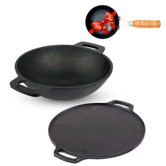 Pre-Seasoned Black Cast Iron Cookware Set + Free Iron Tadka Pan - Tawa 30.5cm + Kadai 25.4cm, 2.3 Liters | Kitchen Cooking Combo Pots & Pans Set Of 3 Pcs - Naturally Nonstick