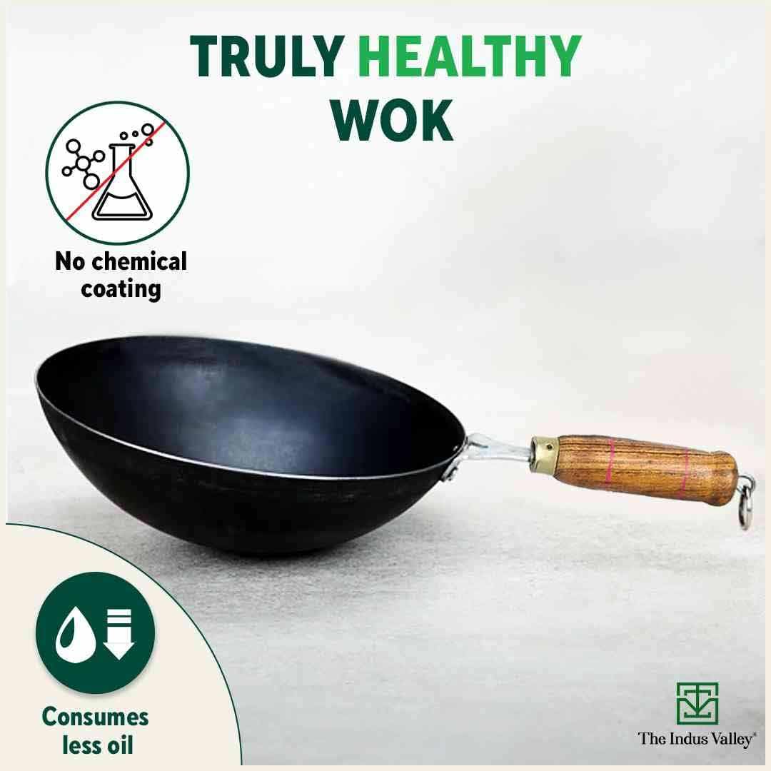 Pre-Seasoned Black Iron Wok With Strong Wooden Handle - Small, 25.4 Cm, 10 Inch, 2.2 Liters, 1 Kg | Gas Compatible, Pre-Seasoned Wok, 100% Pure & Toxin-Free, No Chemical Coating