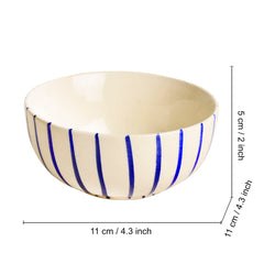 Ceramic Striped Dinner Bowls Set Of 4 - White & Blue, Diameter – 4 Inches, 220ml Each | Ceramic Bowls For Curries Or Lentils - Katoris