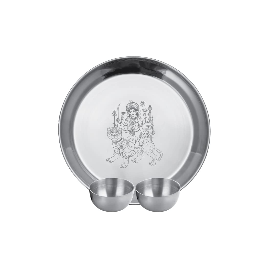 Stainless Steel Durga Mata Pooja Thali Set Of 3, Silver | 1 Pooja Thali+ 2 Katoris - Easy To Clean & Dishwasher Safe