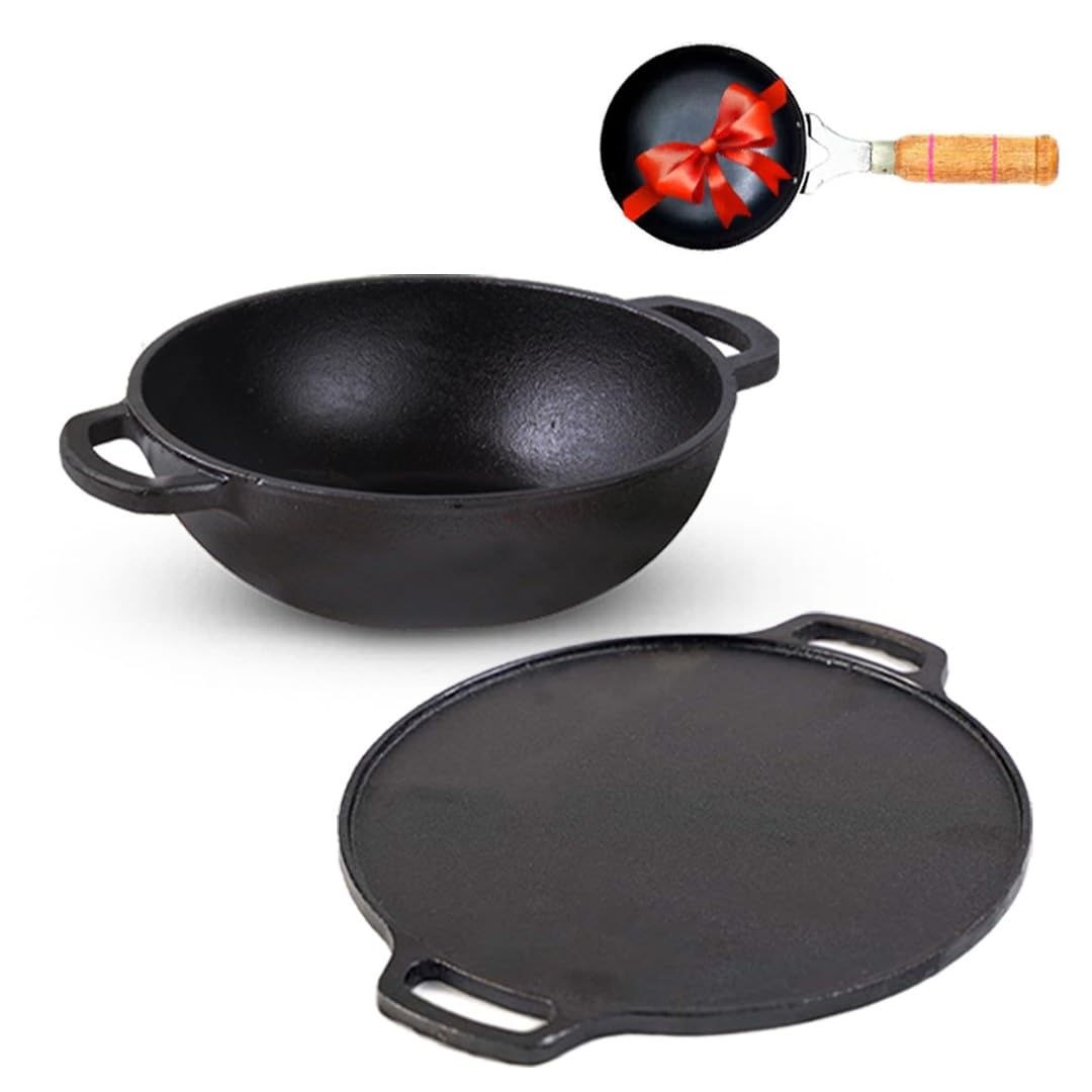 Pre-Seasoned Black Cast Iron Cookware Set + Free Iron Tadka Pan - Kadai 25.4cm, 2.3 Liters + Tawa 30.5cm | Kitchen Cooking Combo Pots & Pans Set Of 3 Pcs - Naturally Nonstick