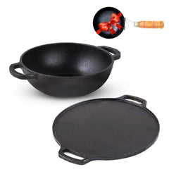 Pre-Seasoned Black Cast Iron Cookware Set + Free Iron Tadka Pan - Kadai 25.4cm, 2.3 Liters + Tawa 30.5cm | Kitchen Cooking Combo Pots & Pans Set Of 3 Pcs - Naturally Nonstick