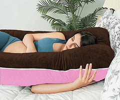 U Shaped Pillow, Pregnancy Pillow For Maternity & Baby Nursing - Pink & Brown | Pregnant Women Stomach, Spine, Neck Support, Velvet Outer Cover With Zip, Full Body Pillow, Adjustable Pillow