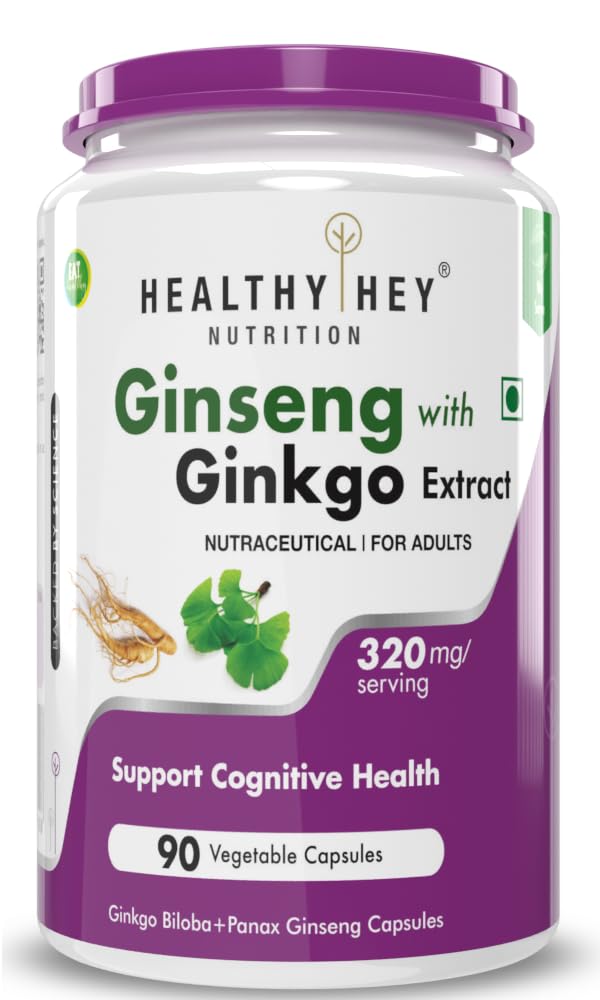 Healthyhey Ginseng + Ginkgo Biloba Improves Memory & Concenration, Safe & Effective Dose For Daily Consumption | 90 Veg Capsules 150gm 0.3lbs
