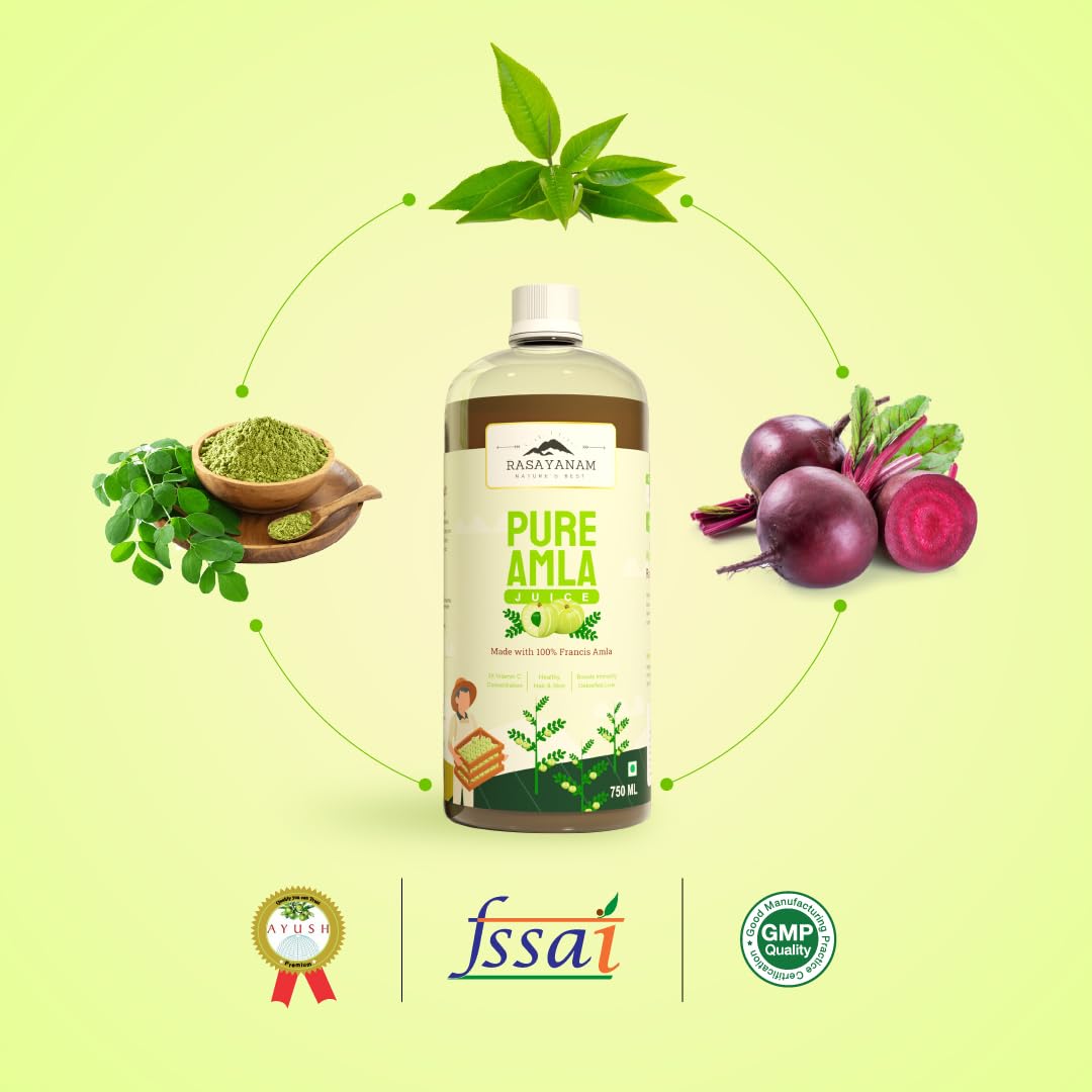 Rasayanam Pure Amla Juice Healthy Hair & Skin Immunity Booster Vitamin C Natural & 100% Pure, Made With Cold Pressed Francis Amla | 750ml 1.6lbs