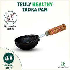 Pre-Seasoned Iron Tadka Pan With Wooden Handle - Very Small 12.7cm, 5 Inch, 0.3 Liter, 0.4 Kg | Gas Compatible - 100% Pure & Toxin-Free, No Chemical Coating