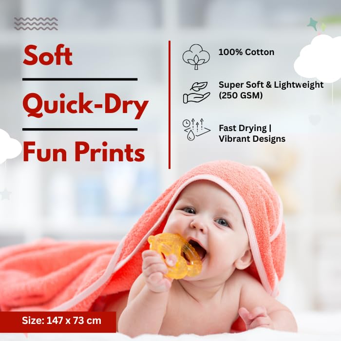 Mafatlal Coo Coo 100% Cotton Kids Bath Towel 250 Gsm | Soft, Lightweight & Quick-Dry Fun Cartoon Print Towel (Red) - 1 Pcs
