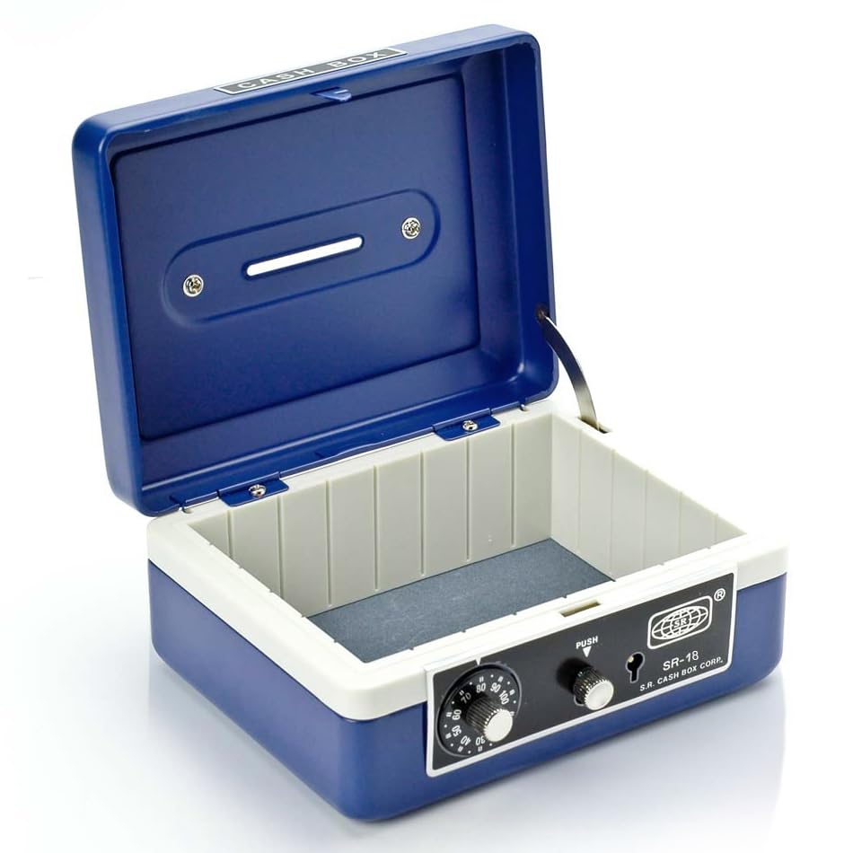 Imported Metal Cash Box With Dual Combination & Password Lock Medium Size Money Box For Cash, Jewellery Safe Locker With Removable Plastic Coin Tray, Colour - Blue, Material - Metal