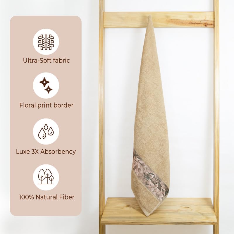Rangoli 100% Cotton Fibre Bath Towels 450 Gsm | Highly Durable & Absorbent With Printed Border | Quick Drying Towels (Beige)