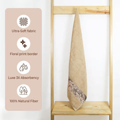 Rangoli 100% Cotton Fibre Bath Towels 450 Gsm | Highly Durable & Absorbent With Printed Border | Quick Drying Towels (Beige)