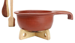 Uncoated Clay Fry Pan For Cooking & Serving With 2 Wooden Spatulas Complimentary - Red, 1.5 Liters | Pre-Seasoned Mud Vessel - Unglazed, Double Fired, Hand Crafted | Mitti Tadka Pan