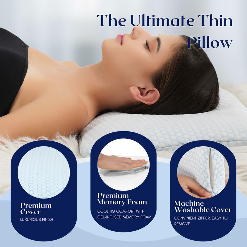 Ultra Slim Pillow, Memory Foam Pillow For Sleeping, Size - 25.5 X 16.5 X 1 Inch | Ultra Thin Pillow For Neck Pain Relief - Thin Cervical Pillow For Neck Support - Orthopedic Pillow