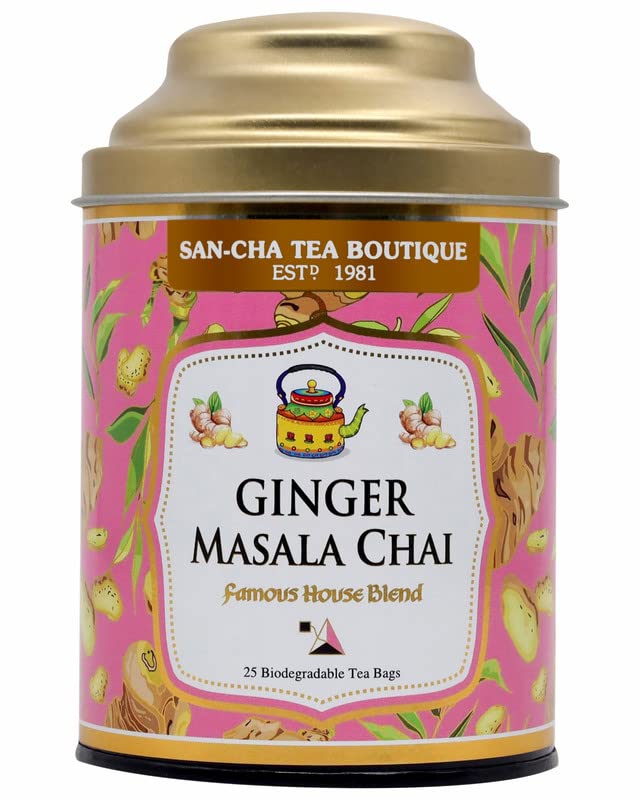 San-Cha Tea Boutique Ginger Masala Chai - 50gm, 1.7 Ounce, 25 Pyramid Tea Bags | Real Ginger Blend Tea - Premium Assam Tea Blend | Finest Adrak Masala Chai - Medium Caffeine