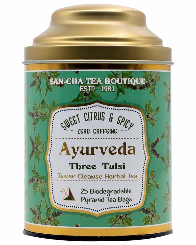 San-Cha Ayurveda Three Tulsi Herbal Tea - 25 Biodegradable Pyramid Tea Bags | Sweet Citrus & Spicy Inner Cleanse Herbal Tea - Zero Caffeine