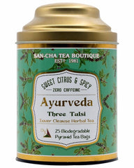 San-Cha Ayurveda Three Tulsi Herbal Tea - 25 Biodegradable Pyramid Tea Bags | Sweet Citrus & Spicy Inner Cleanse Herbal Tea - Zero Caffeine