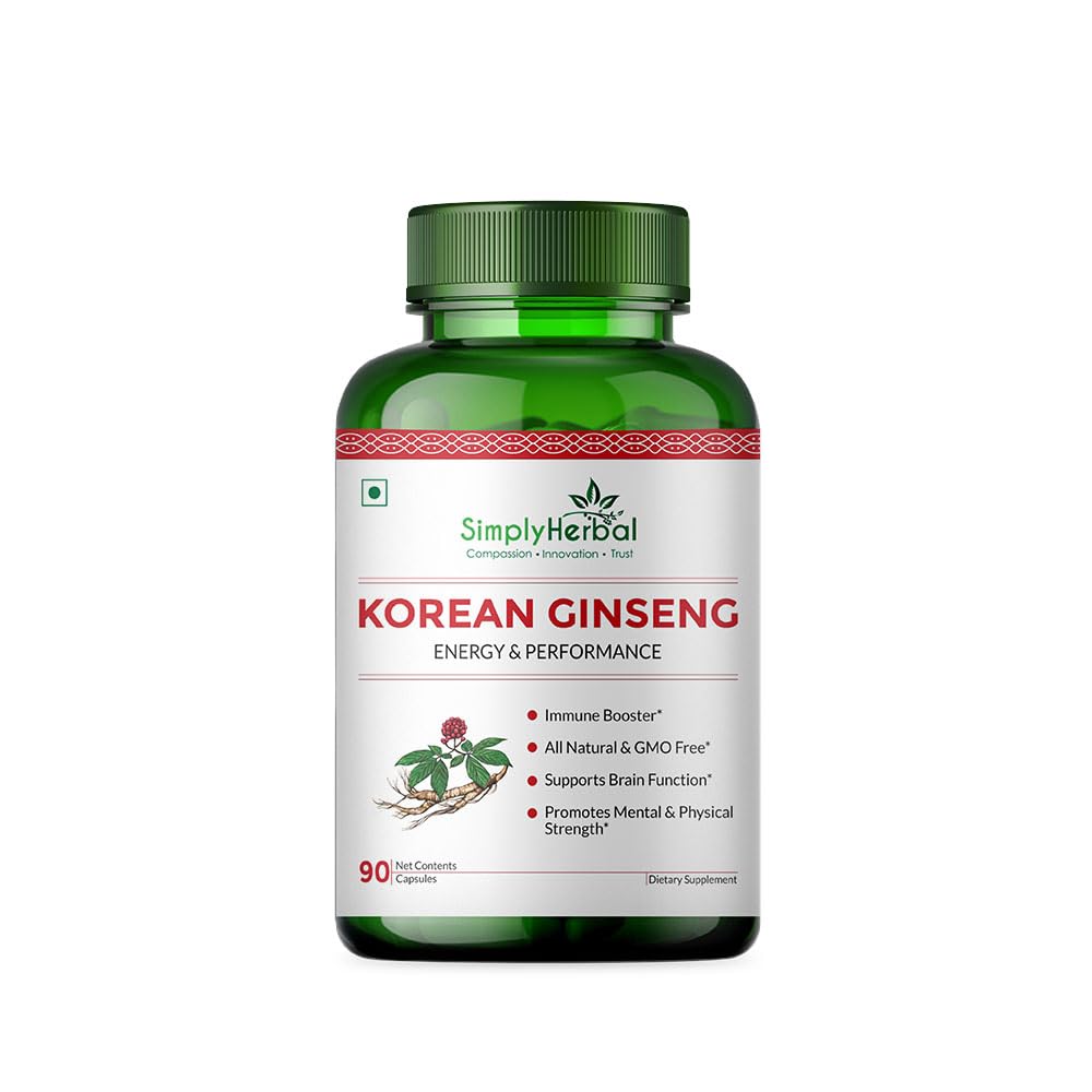 Simply Herbal 1000mg Natural Korean Red Ginseng For Men & Women, Support Healthy Immune System, Heart Health, Promote Endurance, Increase Performance, Fatigue | 90 Veg Capsules 150gm 0.3lbs
