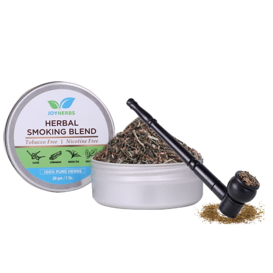 Natural & Ayurvedic Herbal Smoking Blend 1 Pack 1 Oz/ 30g Can With Wooden Black Bowl Pipe | Helps To Quit Smoking - Tobacco-Free & Nicotine-Free Smoking Mixture