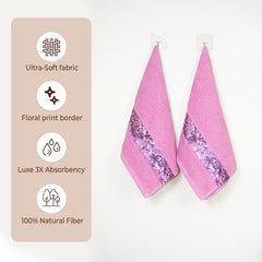 Rangoli 100% Cotton Fibre Hand Towels 440 Gsm | Highly Durable & Absorbent With Printed Border | Quick Drying Towels (Pink) - Pack Of 2
