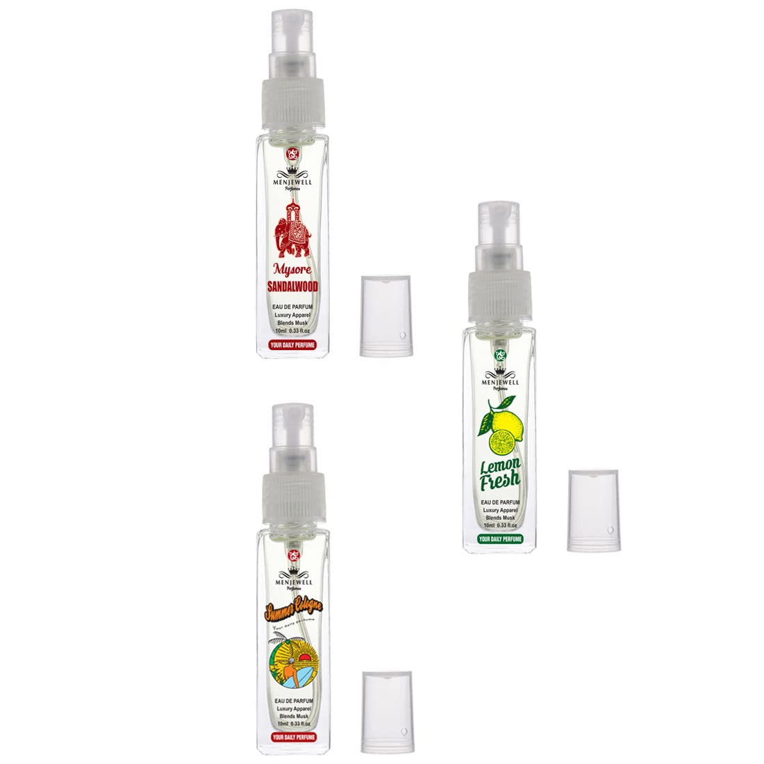 Menjewell Summer Cologne + Lemon Fresh + Mysore Sandalwood Eau De Parfum 10ml 0.3 Fl.oz. Each Pack Of 3 | Men Fragrance | Pocket Perfume Combo