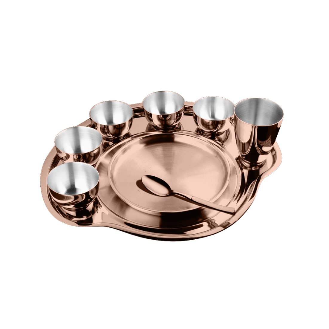 Stainless Steel Rose Gold Nifty Thali Set Of 9 Pieces, Copper | 5 Katoris+ 1 Glass+ 1 Quarter Plate+ 1 Full Plate+ 1 Dessert Spoon