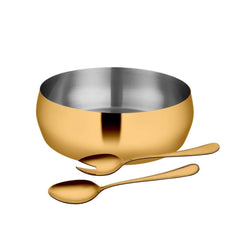 High Grade Stainless Steel 3 Pieces Salad Bowl With Gold PVD Coating For Salad Serving | 2 Pieces Serving Spoon + 1 Pc Salad Bowl 22 Cm