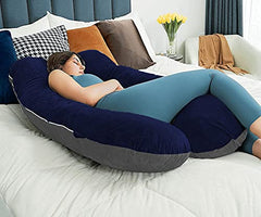 U Shaped Pillow, Pregnancy Pillow For Maternity & Baby Nursing - Grey, Dark Blue | Pregnant Women Stomach, Spine, Neck Support, Velvet Outer Cover With Zip, Full Body Pillow, Adjustable