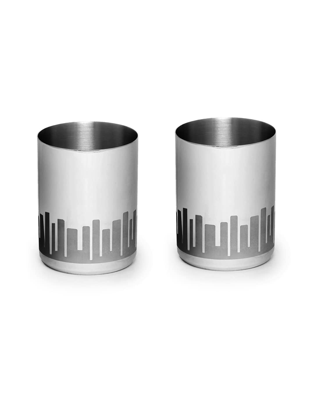 Designer Silver Stainless Steel Drinking Glass Set Of 2 - Cityscapes Pattern, Urban Series | Convenient Water Glasses - Multipurpose Designer Tumbler | Serve Ware & Tableware