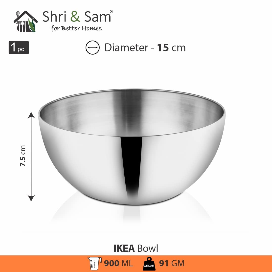 Silver Stainless Steel Ikea Bowl - 15 Cm, 900ml | Dishwasher Safe, Rust Free & Lightweight
