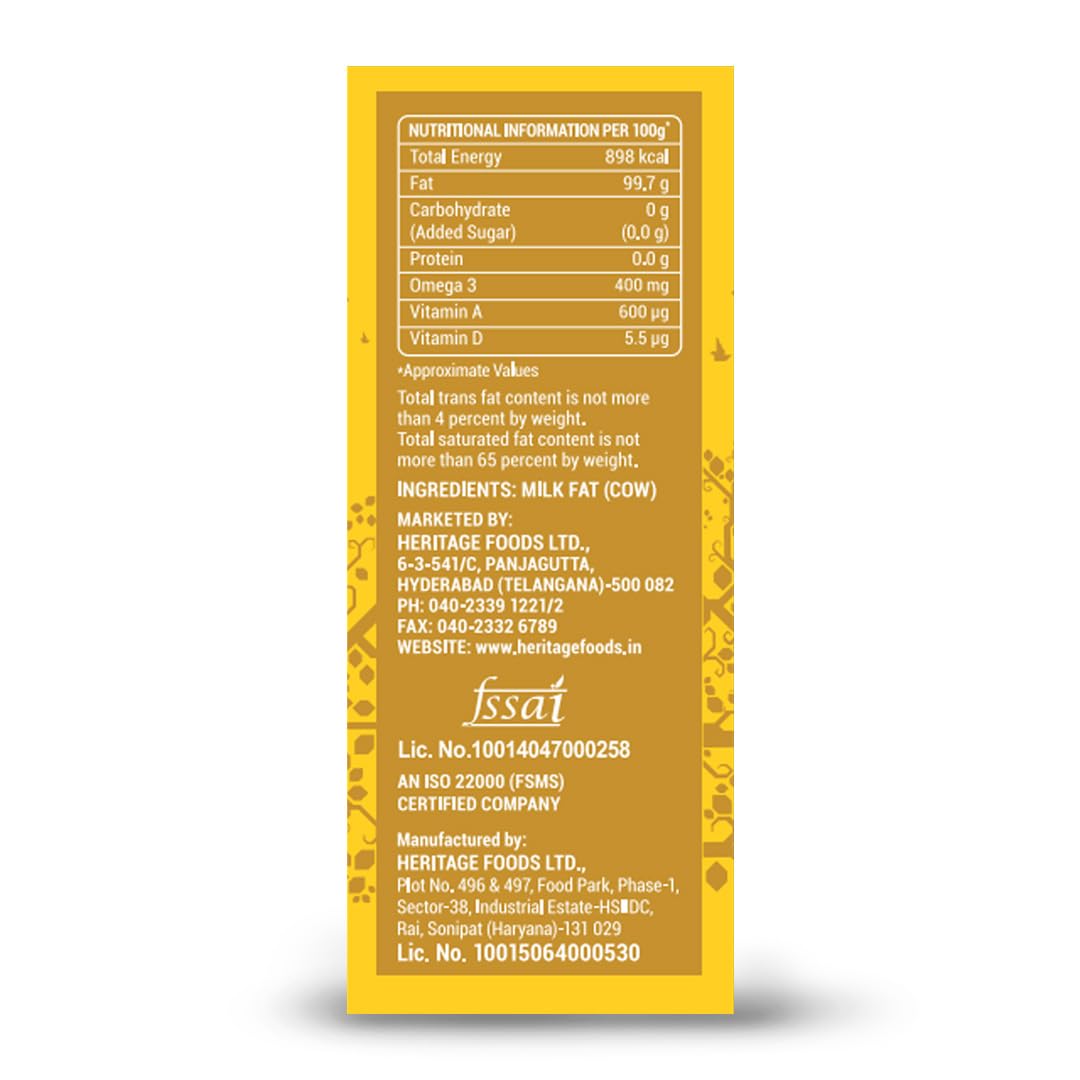 Pure Organic Cow Ghee By Heritage | Good Source Of Healthy Desi Cow Ghee Perfect For Halwa & Sweets | (1 Litr) 33.8 Ounce | Box Pack