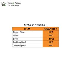 Stainless Steel Delight Solid Dinner Set Of 6 Pieces, Silver | 1 Dinner Plate+ 1 Glass+ 2 Bowls+ 1 Pudding Bowl+ 1 Dessert Spoon