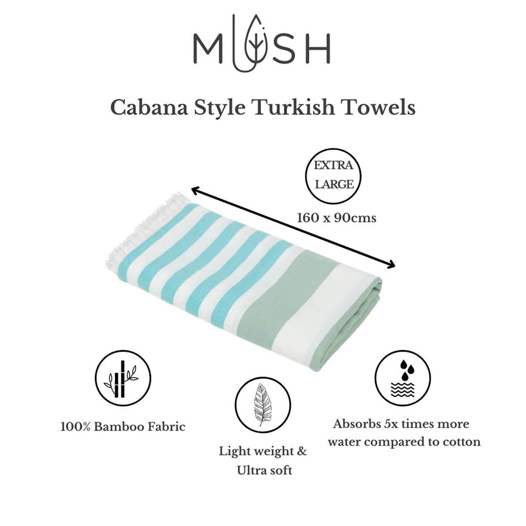 Mush Extra Large Cabana Style Turkish Towel 280 Gsm | 100% Bamboo Bath Towel - Xl Size | Ultra Soft, Feather-Light & Quick Dry Travel Towel For Beach, Pool (Turquoise & Green)