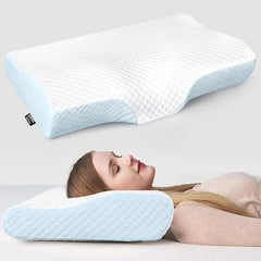 Contour Memory Foam Pillow, Orthopedic Pillows For Sleeping, Light Sky-Blue & White | Pillows For Neck Pain Relief, Ergonomic Cervical Pillows | For Side & Back Sleepers, Breathable