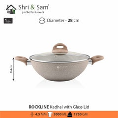 Rockline Aluminium Kadhai With Lid, Brown - 28 Cm, 3 Liters | Easy To Clean & Dishwasher Safe - Gas & Induction Compatible