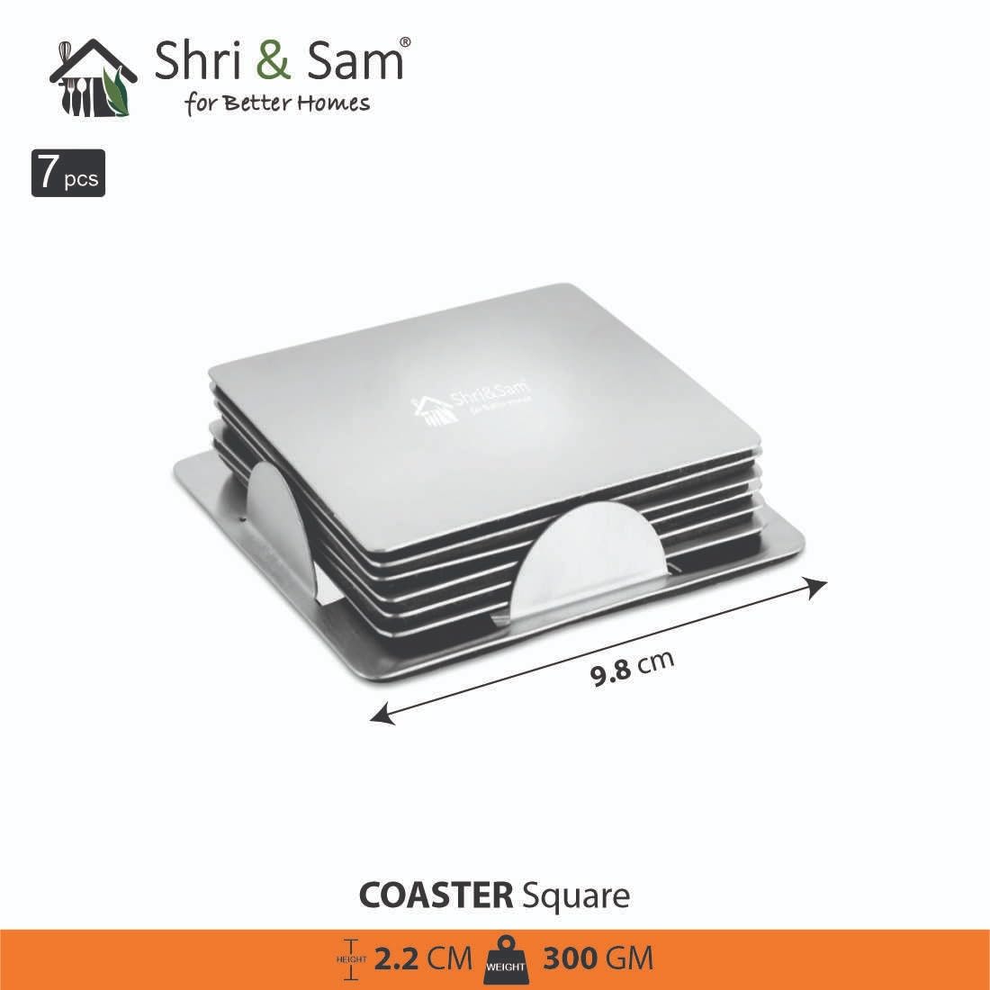 Stainless Steel Square Coaster Set Of 6 Pieces, Silver - 6 Pieces Coaster, 1 Stand | Durable, Rust Free