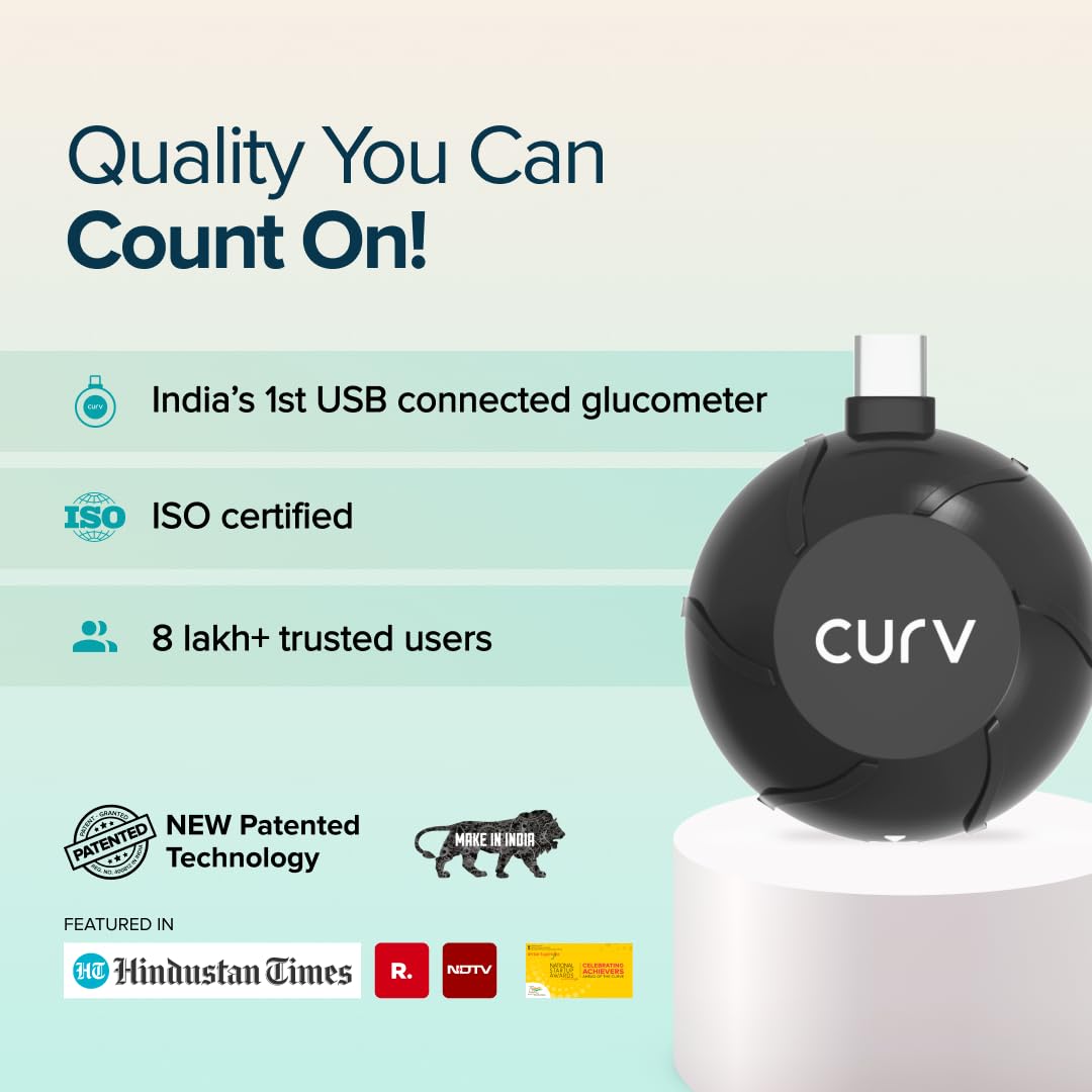 Beato Curv Sugar Test Machine | FREE 50 Strips & 50 Lancets (Type-C USB Connector) | Simple & accurate testing of Blood sugar levels at home |Smartphone Connected Glucometer Machine | Android only | ISO Certified: Made in India