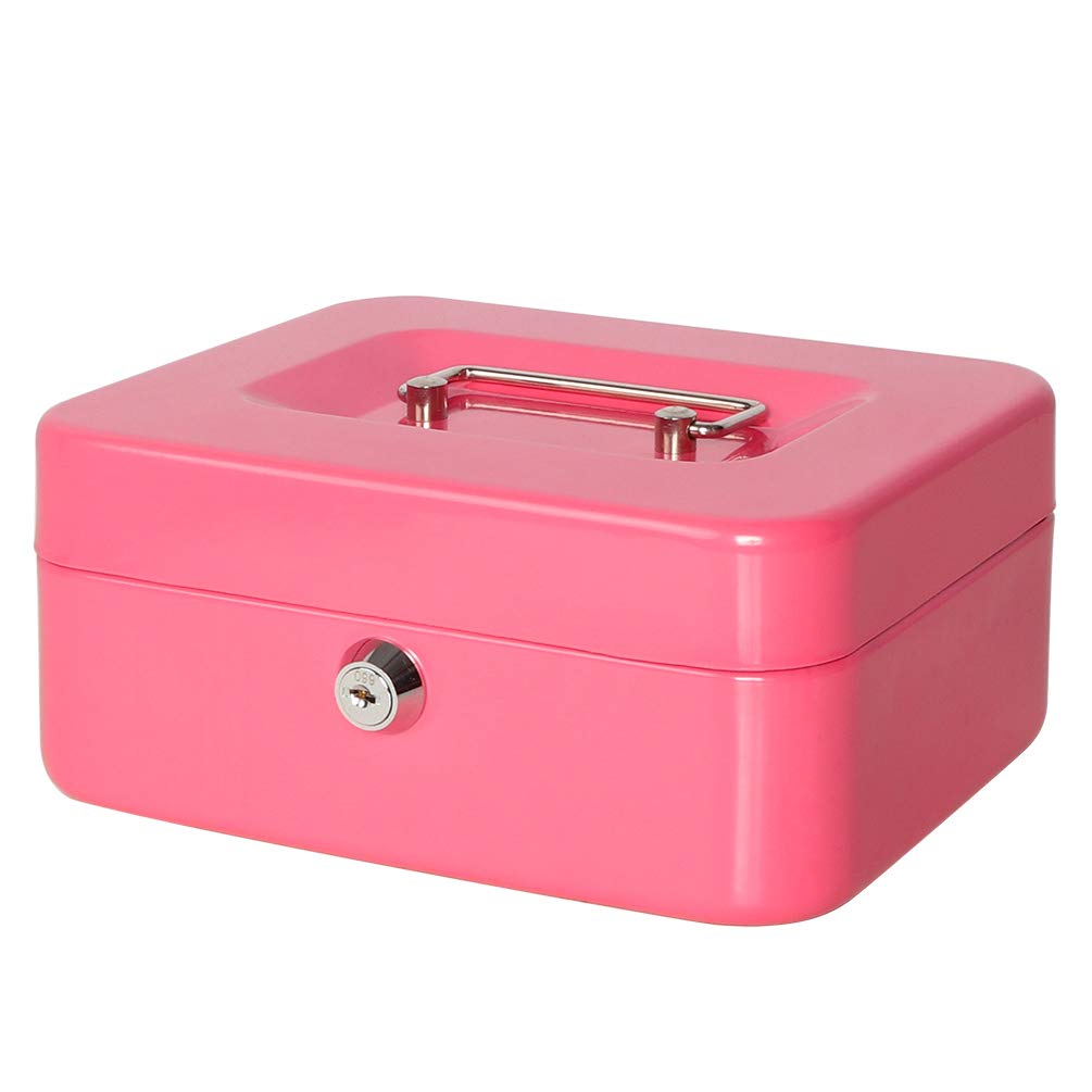 Small Cash Box With Key Lock - Durable Metal Cash Box With Money Tray, Colour - Pink, Lock Type - Key