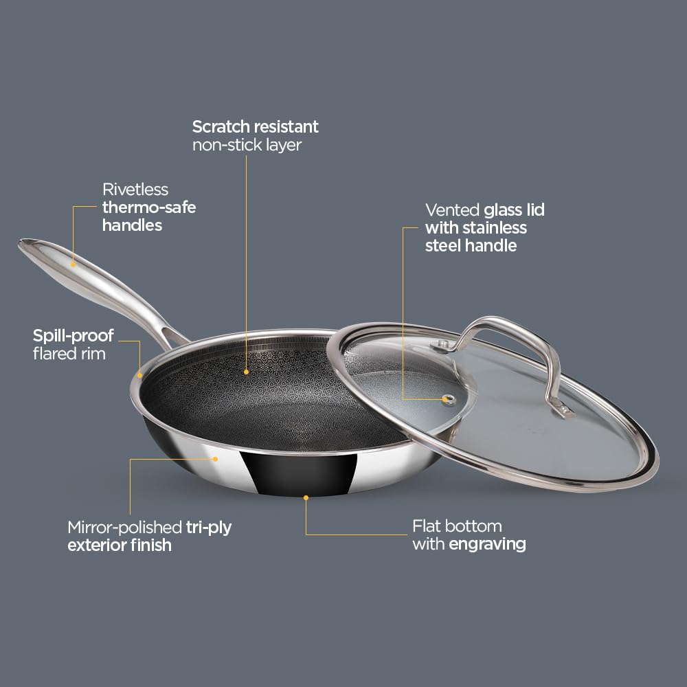 Stellar Stainless Steel Triply Frypan With Lid - 24 Cm, 1.8 Liters | Etched Nonstick Fry Pan - Rivet Less Handle | Induction & Gas Base