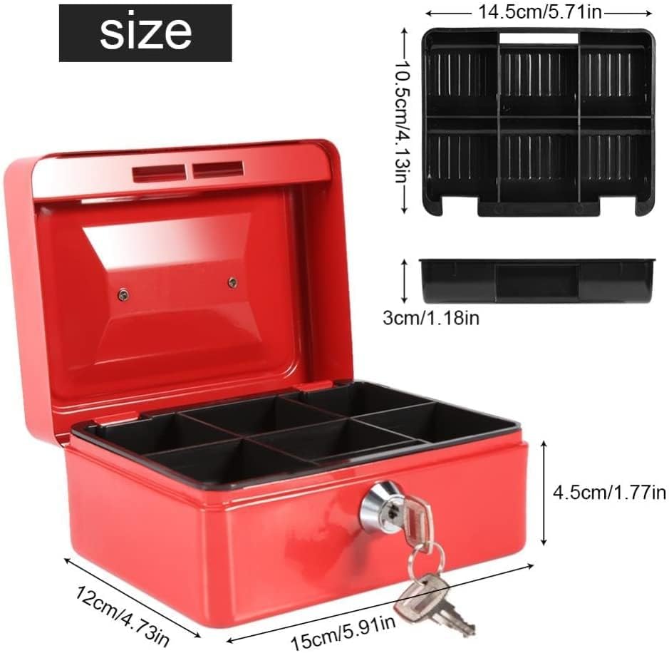 Metal Cash Box With Money Tray, Small Cash Box With Key Lock, Money Slot, Money Coin Safe Security Box Household For Home Office Hotel Business Use, Colour - Red
