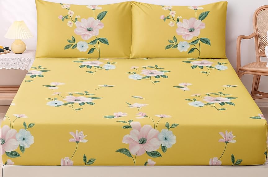 1 Bedsheet For Double Bed With 2 Pillow Covers - 90 X 100 Inches, Yellow | Premium Cotton Material Double Bedsheet Queen Size | Skin Friendly & Long Lasting