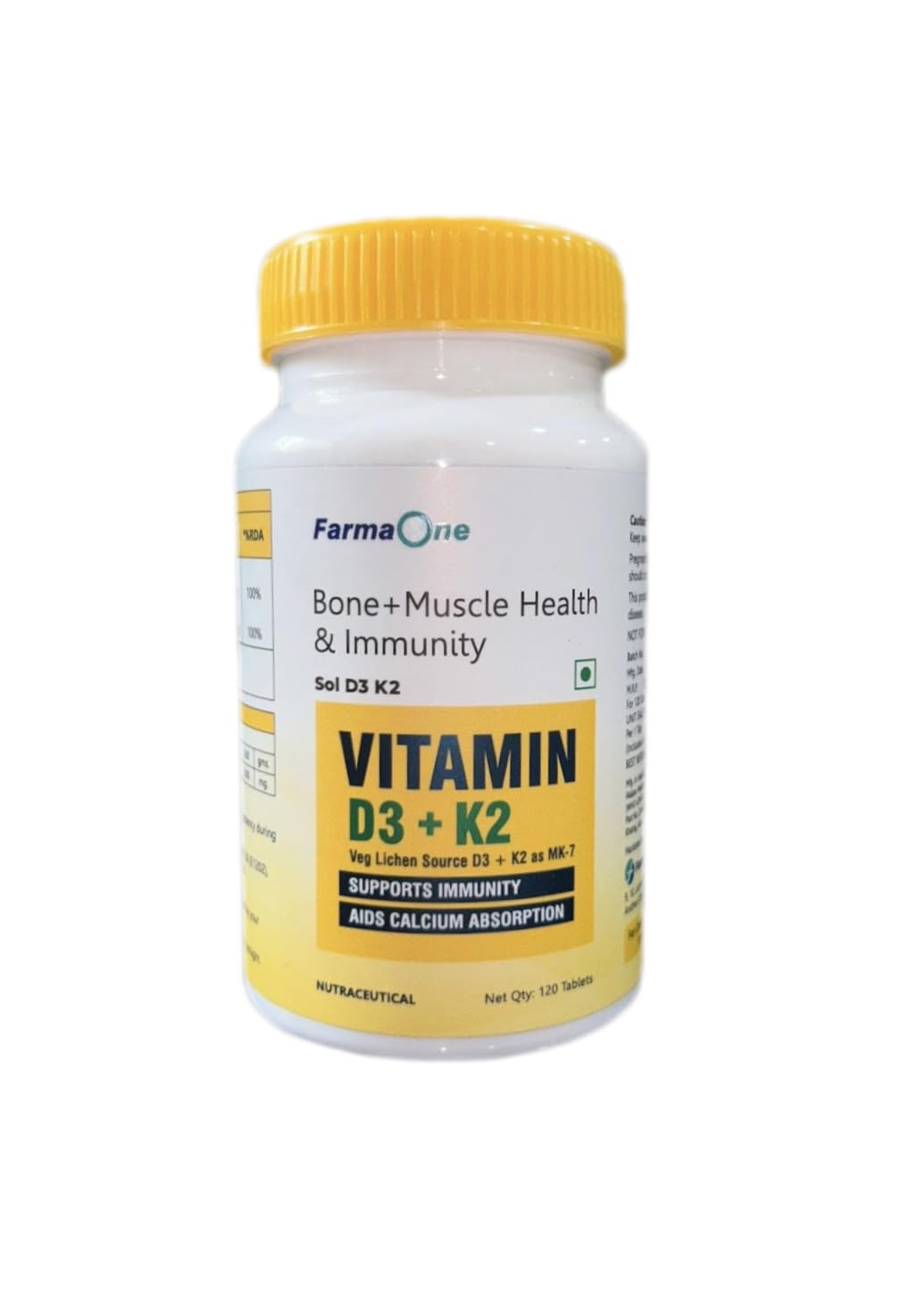 Farma One Vitamin D3 600 Iu (15 Mcg) + Vitamin K2 (55 Mcg) Mk-7 Menaquinone, Bone & Muscle Health, Immunity Booster | 120 Veg Tablets , 200gm 0.4lbs