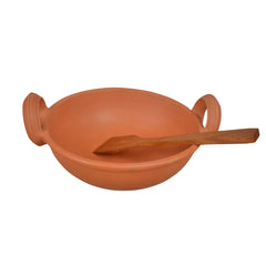 Earthenware Handcrafted Natural Clay Indian Wok - Brown Clay Kadhai, 1.5 Liters