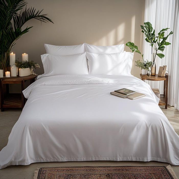 Double Bedsheets For King Size With Pillowcases - 108 X 108 Inches, White | Soft Breathable Bamboo Fabric - Bedroom Decor Comfortable Bedsheets