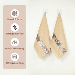 Rangoli 100% Cotton Fibre Hand Towels 440 Gsm | Highly Durable & Absorbent With Printed Border | Quick Drying Towels (Beige) - Pack Of 2
