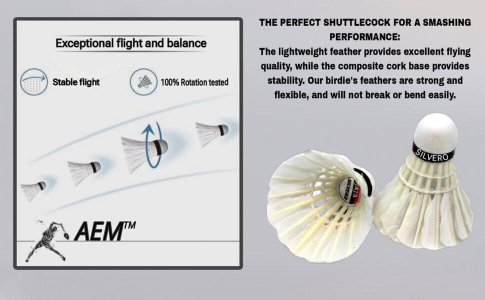 AEM Silvero Badminton Shuttlecock Straight Feather | Pack of 10 , White