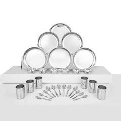 Stainless Steel Delight Dinner Set Of 30 Pieces, Silver | 6 Dinner Plates+ 6 Glasses+ 6 Bowls+ 6 Dessert Spoons+ 6 Tea Spoons