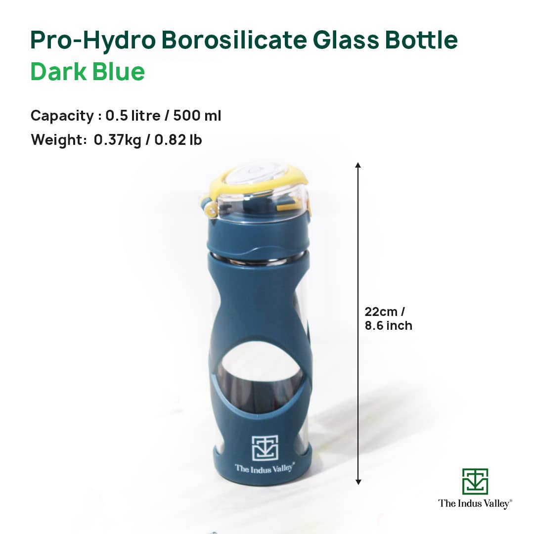 Pro-Hydro Borosilicate Glass Water Bottle For School, College, Office, Gym | Dark Blue, 500ml - Leak Proof, BPA-Free, Anti-Slip