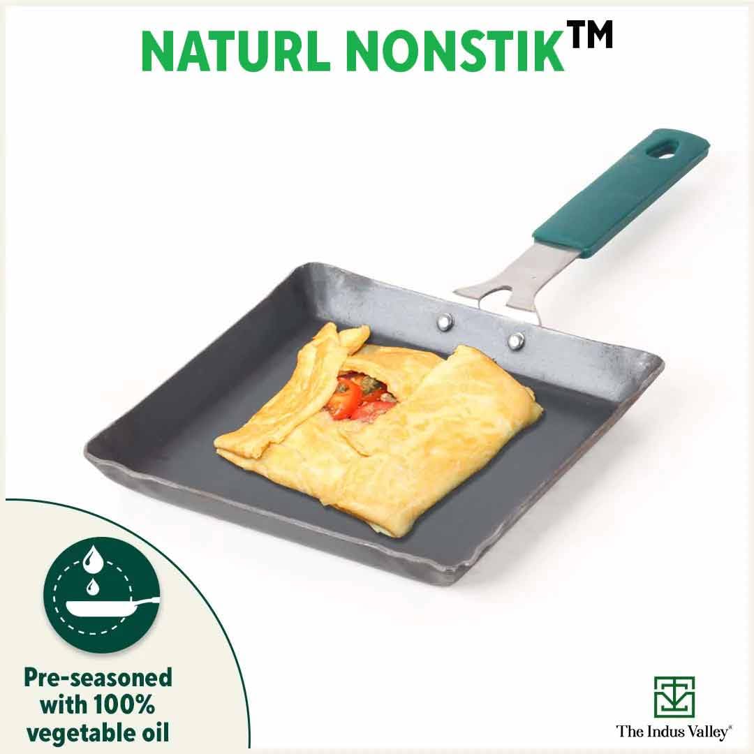 Pre-Seasoned Iron Square Omlette Tawa With Bakelite Handle - Very Small, 14cm, 5.5 Inch, 0.35 Kg | Induction Friendly, Pre-Seasoned Fry Pan, 100% Pure & Toxin-Free, No Chemical Coating