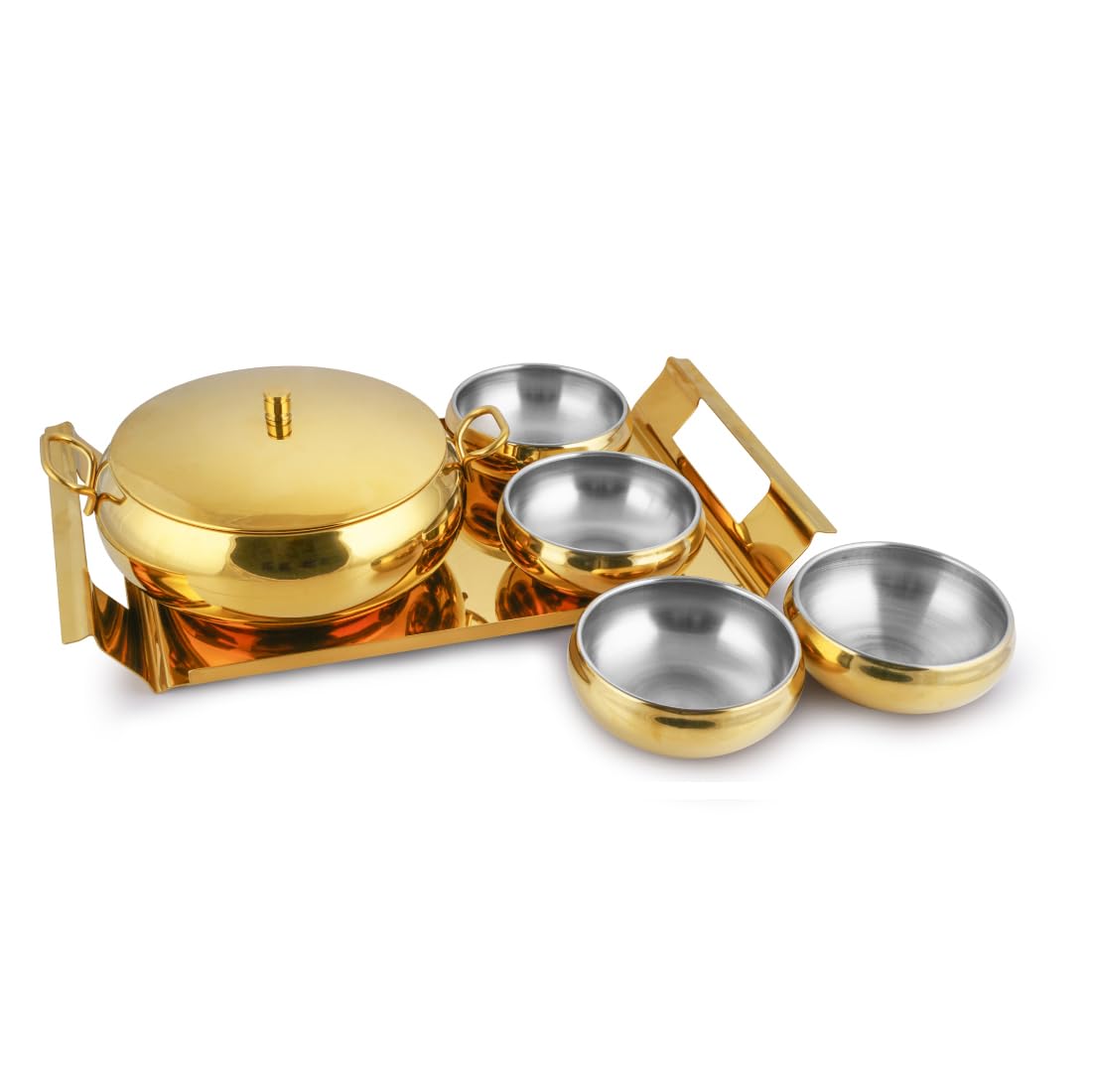 Stainless Steel Farm House Serving Set, Golden | 1 Big Serving Bowl With Lid, 1000ml + 4 Small Bowls+ 1 Tray